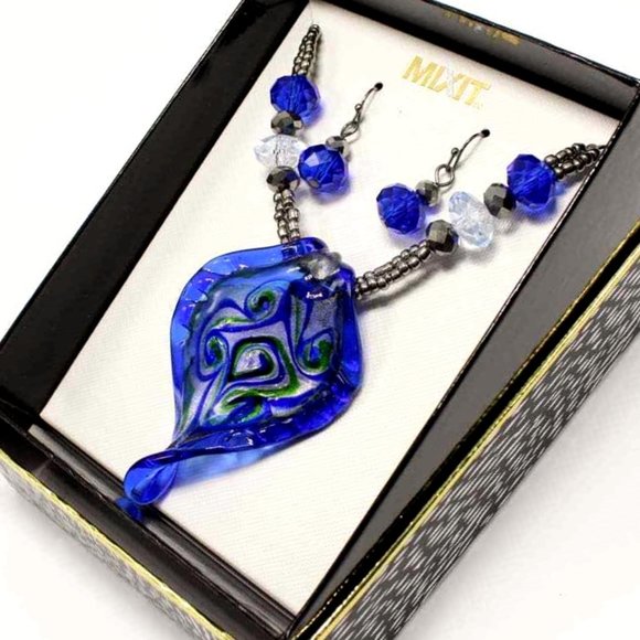 Mixit Set Necklace & Earrings Cobalt Blue Murano Glass Gunmetal Hematite Gift - Picture 4 of 7